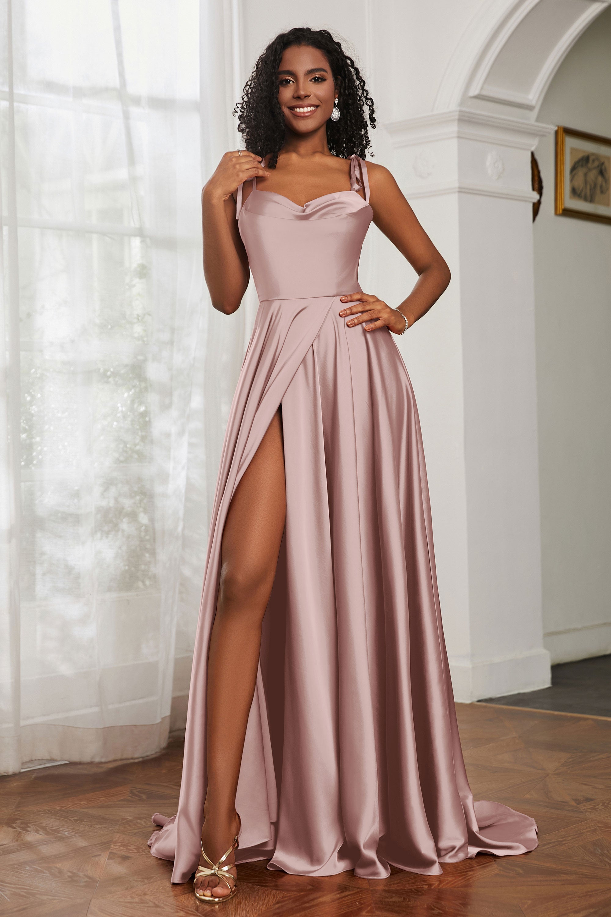 Stretch Satin Cowl Neck Formal Evening Dress Prom Gowns Bridesmaid Dresses with Slit