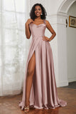 Stretch Satin Cowl Neck Formal Evening Dress Prom Gowns Bridesmaid Dresses with Slit