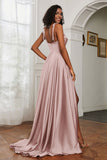 Stretch Satin Cowl Neck Formal Evening Dress Prom Gowns Bridesmaid Dresses with Slit