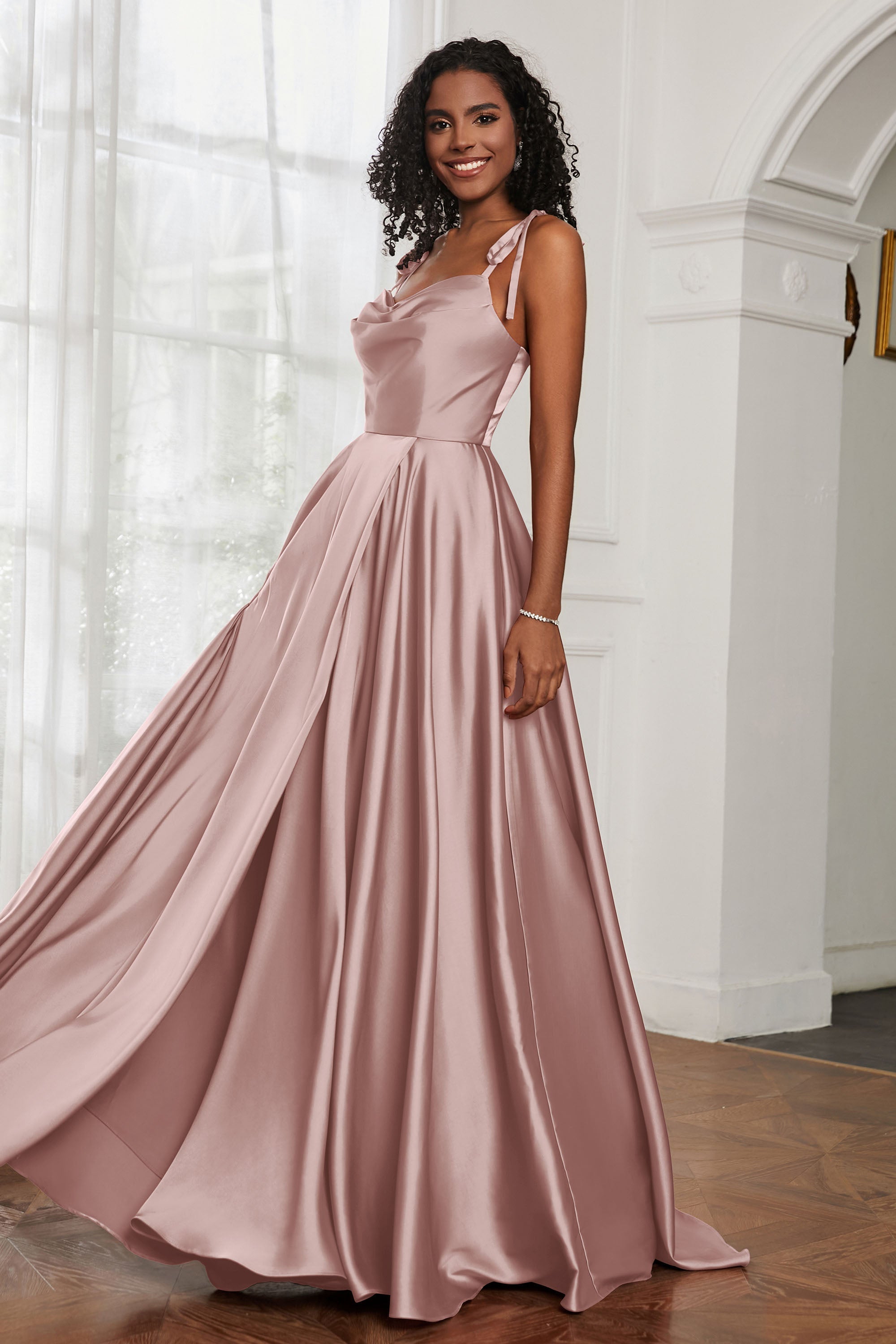 Stretch Satin Cowl Neck Formal Evening Dress Prom Gowns Bridesmaid Dresses with Slit