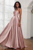 Stretch Satin Cowl Neck Formal Evening Dress Prom Gowns Bridesmaid Dresses with Slit