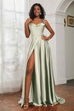 Stretch Satin Cowl Neck Formal Evening Dress Prom Gowns Bridesmaid Dresses with Slit