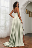 Stretch Satin Cowl Neck Formal Evening Dress Prom Gowns Bridesmaid Dresses with Slit