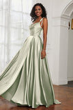Stretch Satin Cowl Neck Formal Evening Dress Prom Gowns Bridesmaid Dresses with Slit