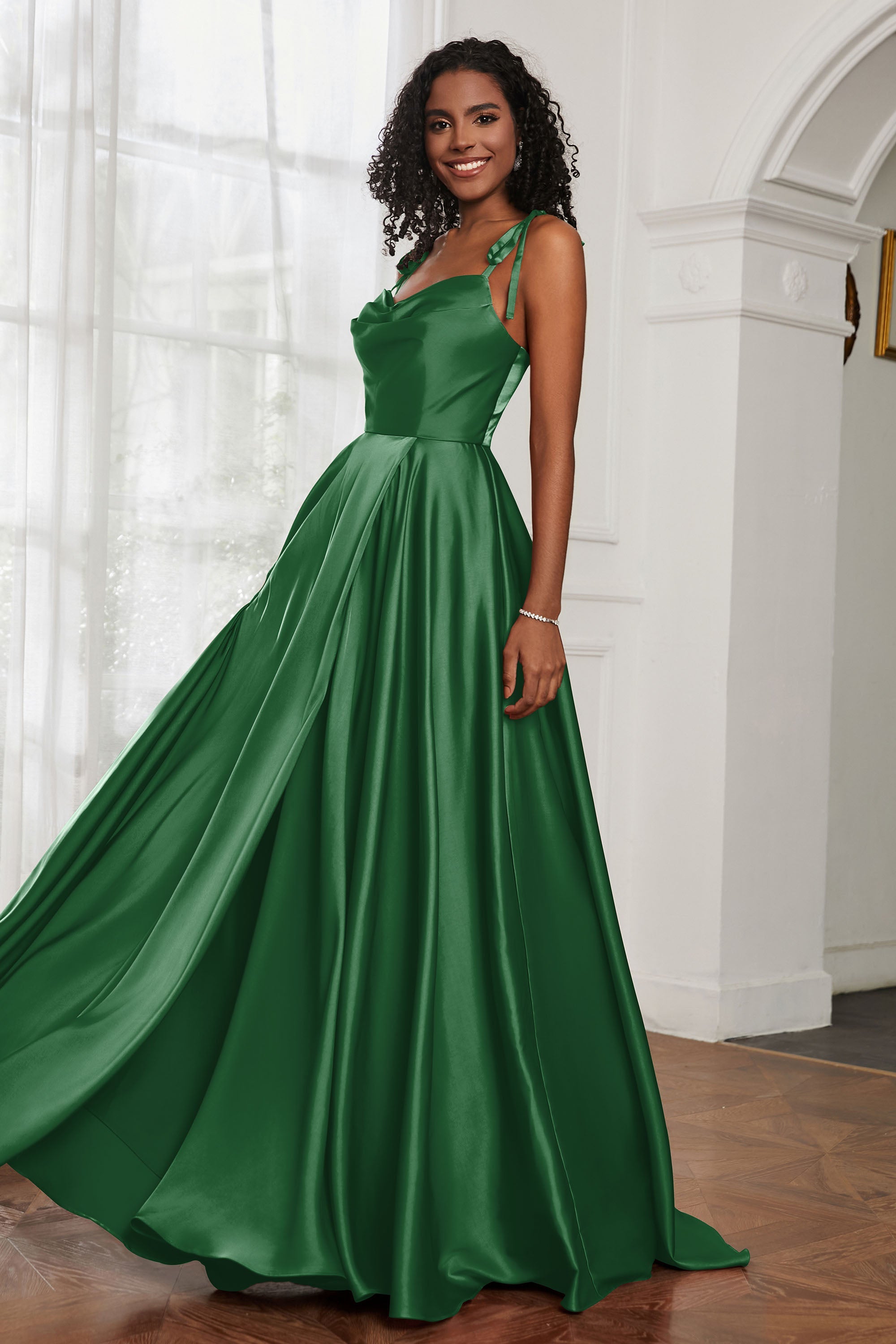 Stretch Satin Cowl Neck Formal Evening Dress Prom Gowns Bridesmaid Dresses with Slit