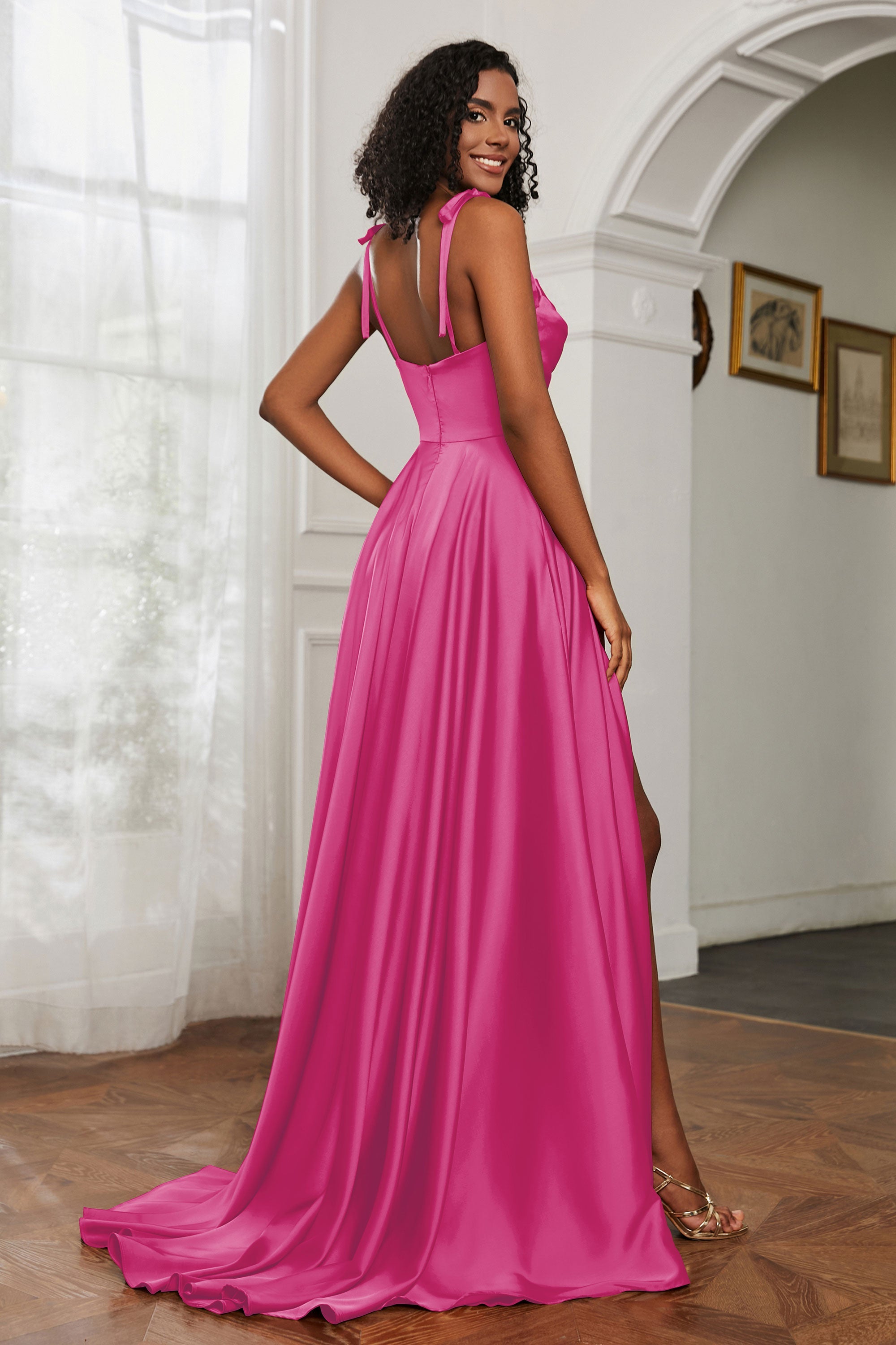 Stretch Satin Cowl Neck Formal Evening Dress Prom Gowns Bridesmaid Dresses with Slit