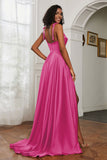 Stretch Satin Cowl Neck Formal Evening Dress Prom Gowns Bridesmaid Dresses with Slit