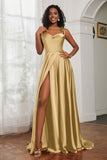 Stretch Satin Cowl Neck Formal Evening Dress Prom Gowns Bridesmaid Dresses with Slit
