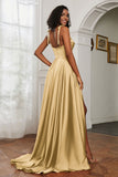 Stretch Satin Cowl Neck Formal Evening Dress Prom Gowns Bridesmaid Dresses with Slit