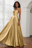 Stretch Satin Cowl Neck Formal Evening Dress Prom Gowns Bridesmaid Dresses with Slit