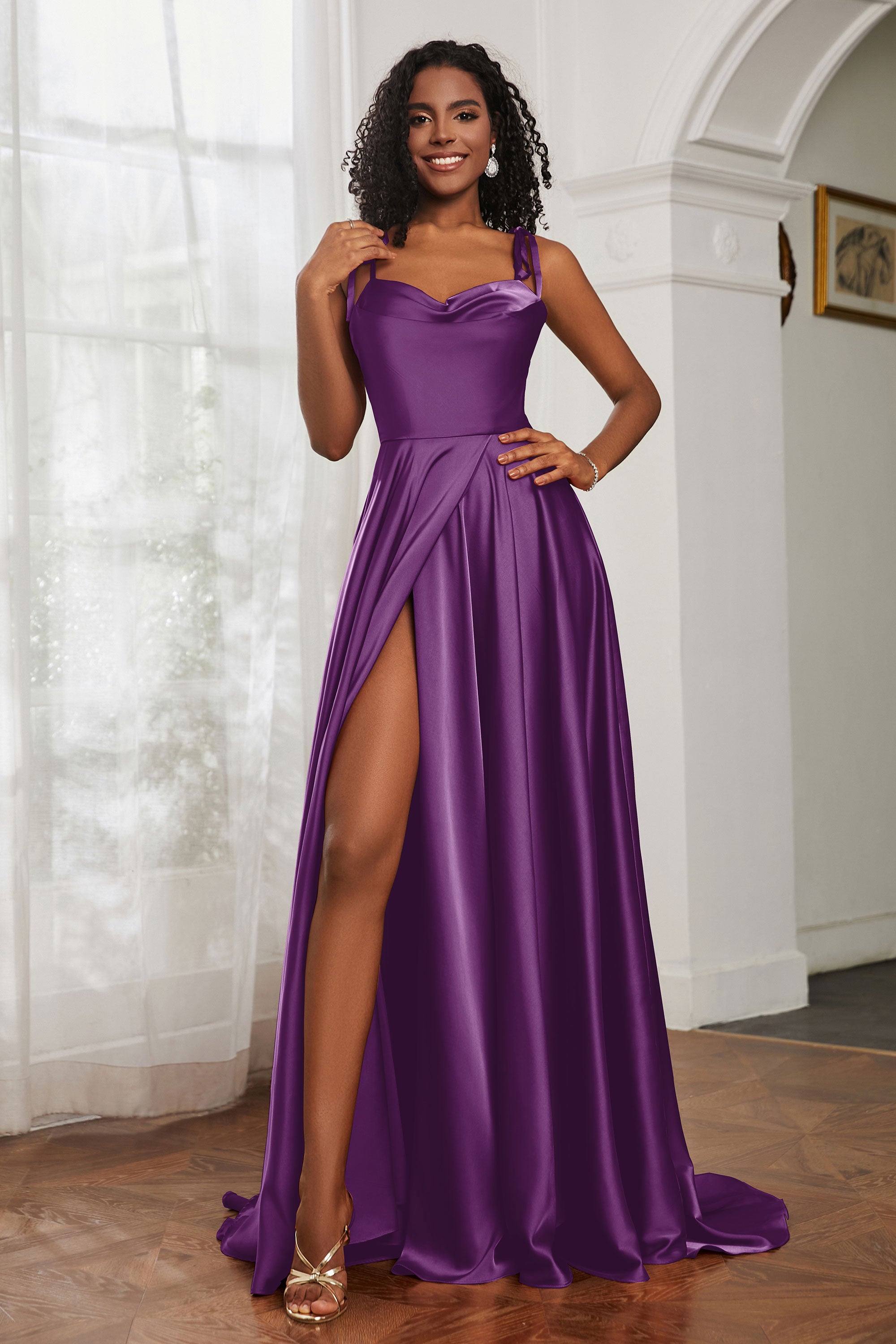 Stretch Satin Cowl Neck Formal Evening Dress Prom Gowns Bridesmaid Dresses with Slit