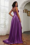 Stretch Satin Cowl Neck Formal Evening Dress Prom Gowns Bridesmaid Dresses with Slit