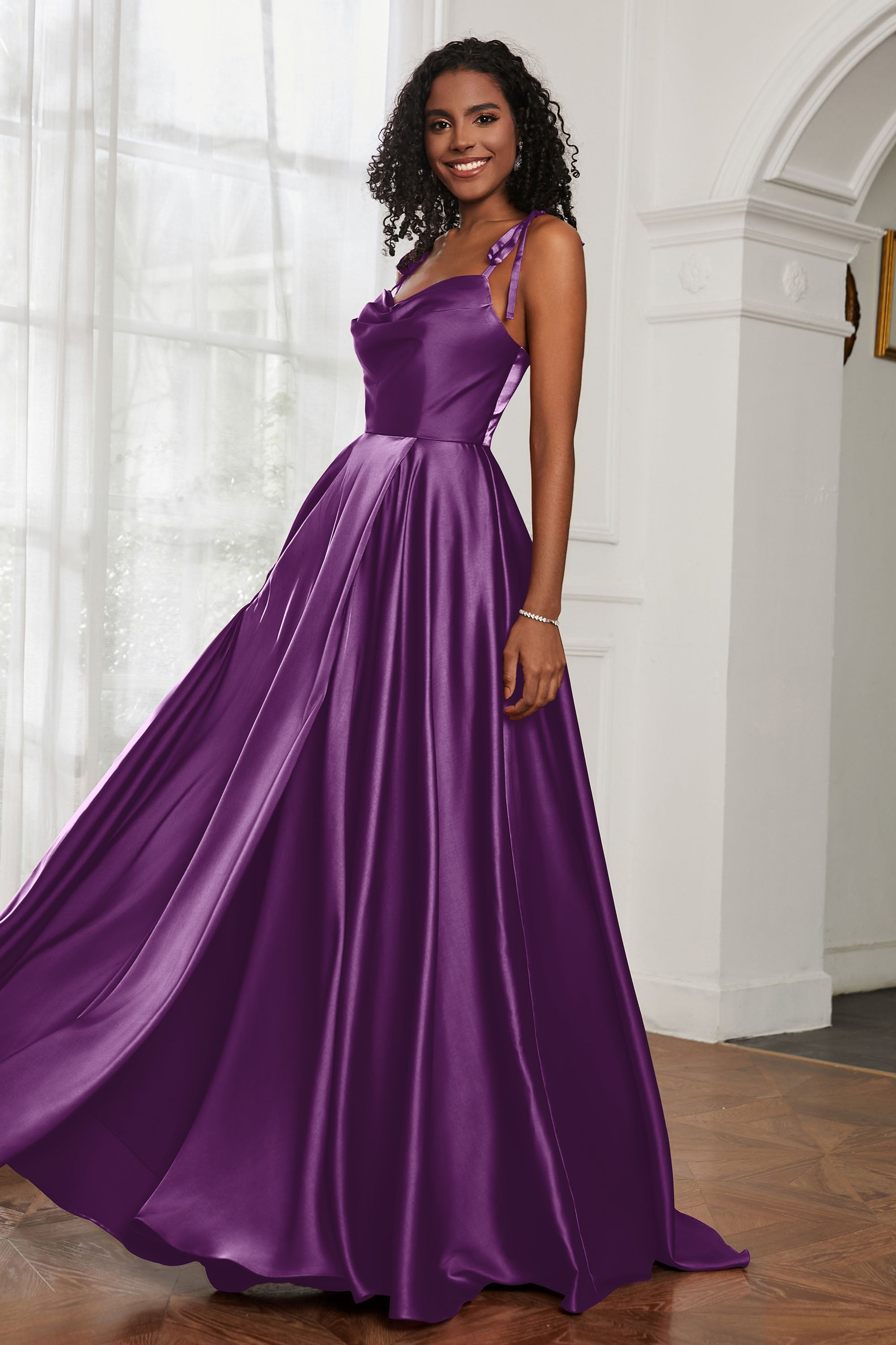Stretch Satin Cowl Neck Formal Evening Dress Prom Gowns Bridesmaid Dresses with Slit