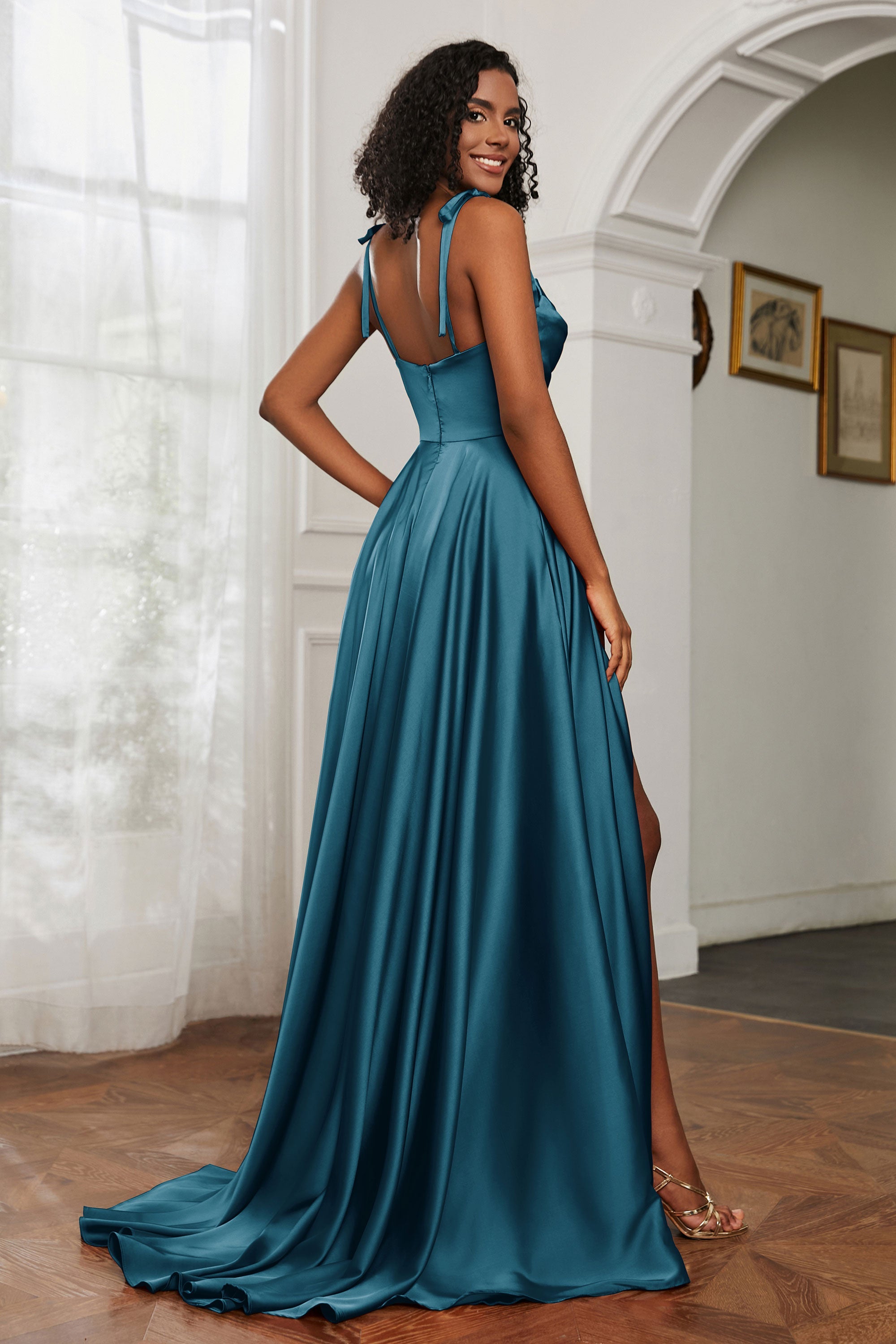 Stretch Satin Cowl Neck Formal Evening Dress Prom Gowns Bridesmaid Dresses with Slit