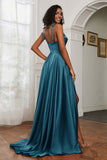 Stretch Satin Cowl Neck Formal Evening Dress Prom Gowns Bridesmaid Dresses with Slit