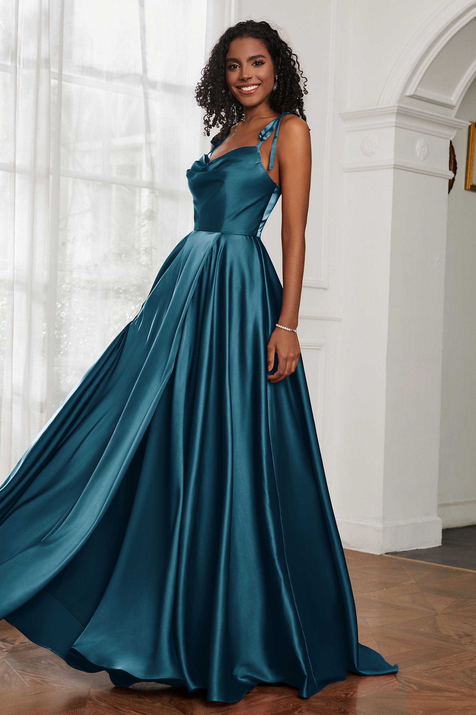 Stretch Satin Cowl Neck Formal Evening Dress Prom Gowns Bridesmaid Dresses with Slit
