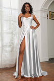 Stretch Satin Cowl Neck Formal Evening Dress Prom Gowns Bridesmaid Dresses with Slit