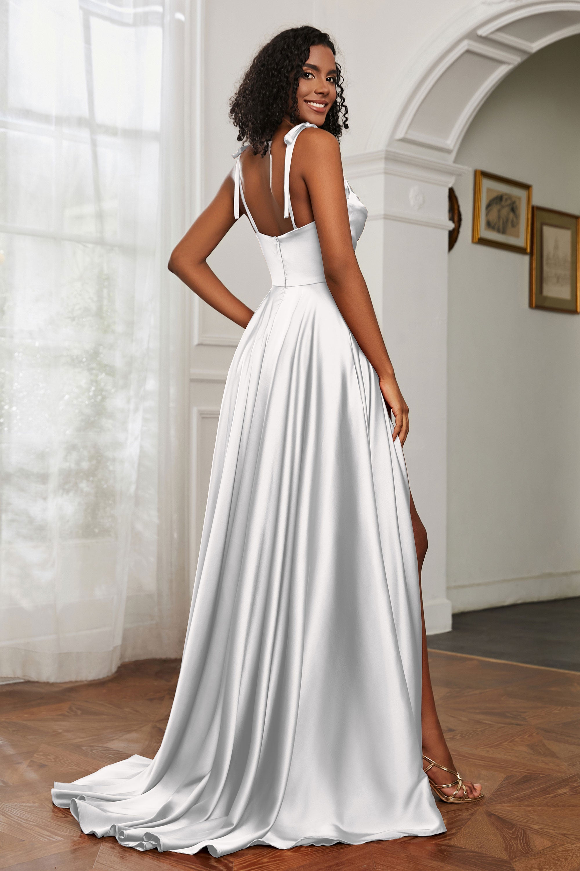 Stretch Satin Cowl Neck Formal Evening Dress Prom Gowns Bridesmaid Dresses with Slit