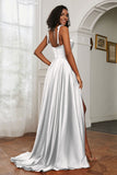 Stretch Satin Cowl Neck Formal Evening Dress Prom Gowns Bridesmaid Dresses with Slit