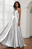 Stretch Satin Cowl Neck Formal Evening Dress Prom Gowns Bridesmaid Dresses with Slit