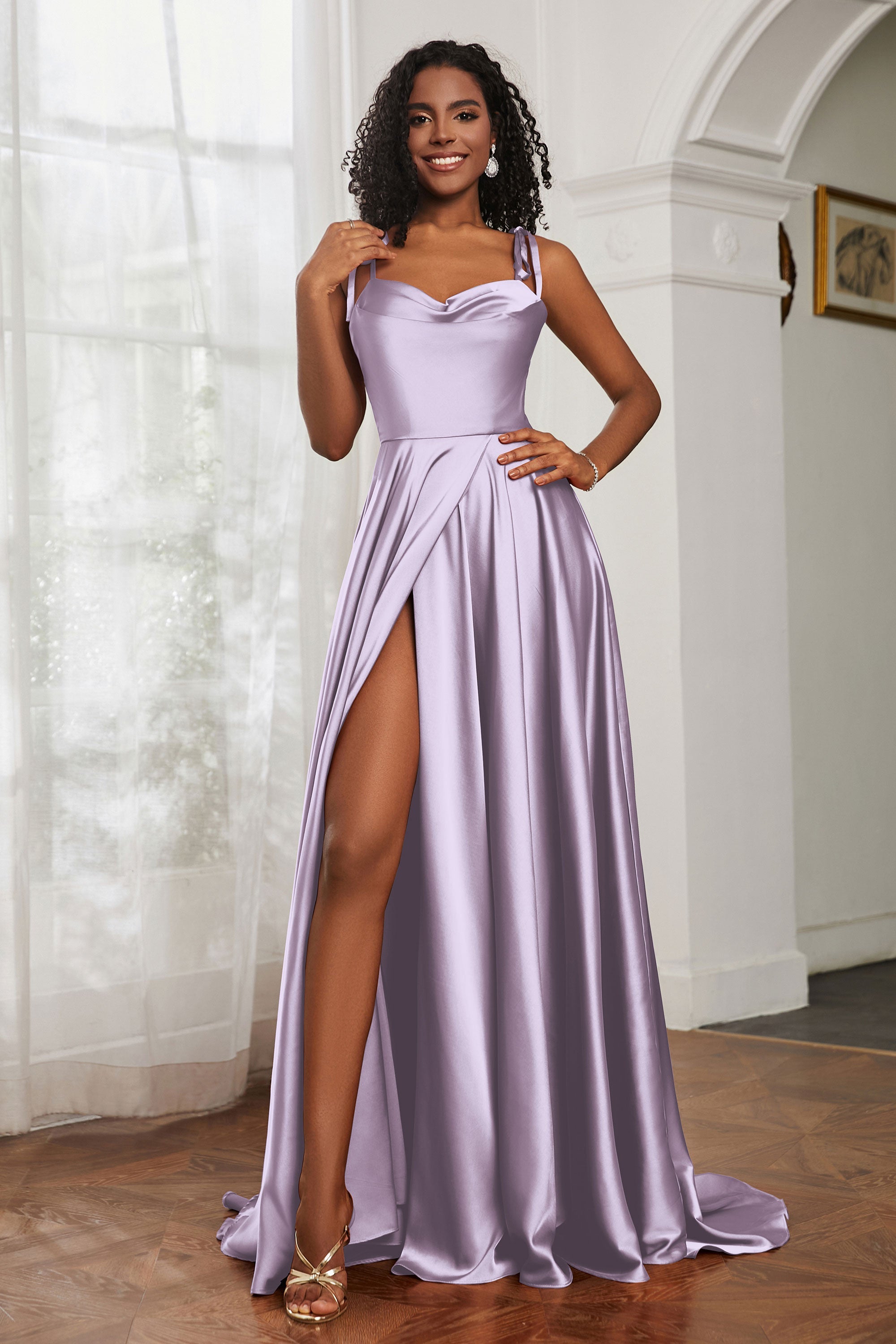 Stretch Satin Cowl Neck Formal Evening Dress Prom Gowns Bridesmaid Dresses with Slit