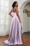 Stretch Satin Cowl Neck Formal Evening Dress Prom Gowns Bridesmaid Dresses with Slit