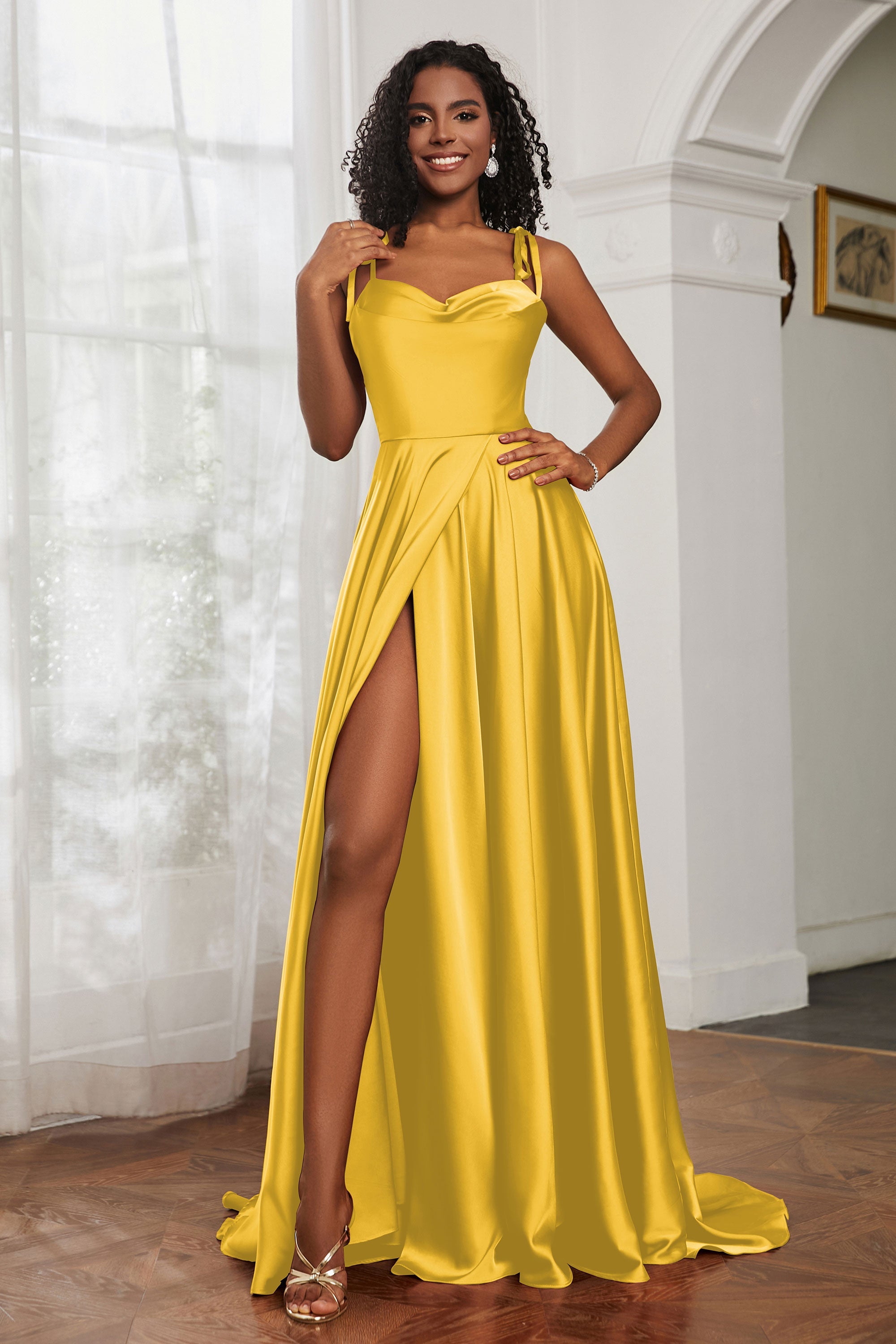 Stretch Satin Cowl Neck Formal Evening Dress Prom Gowns Bridesmaid Dresses with Slit