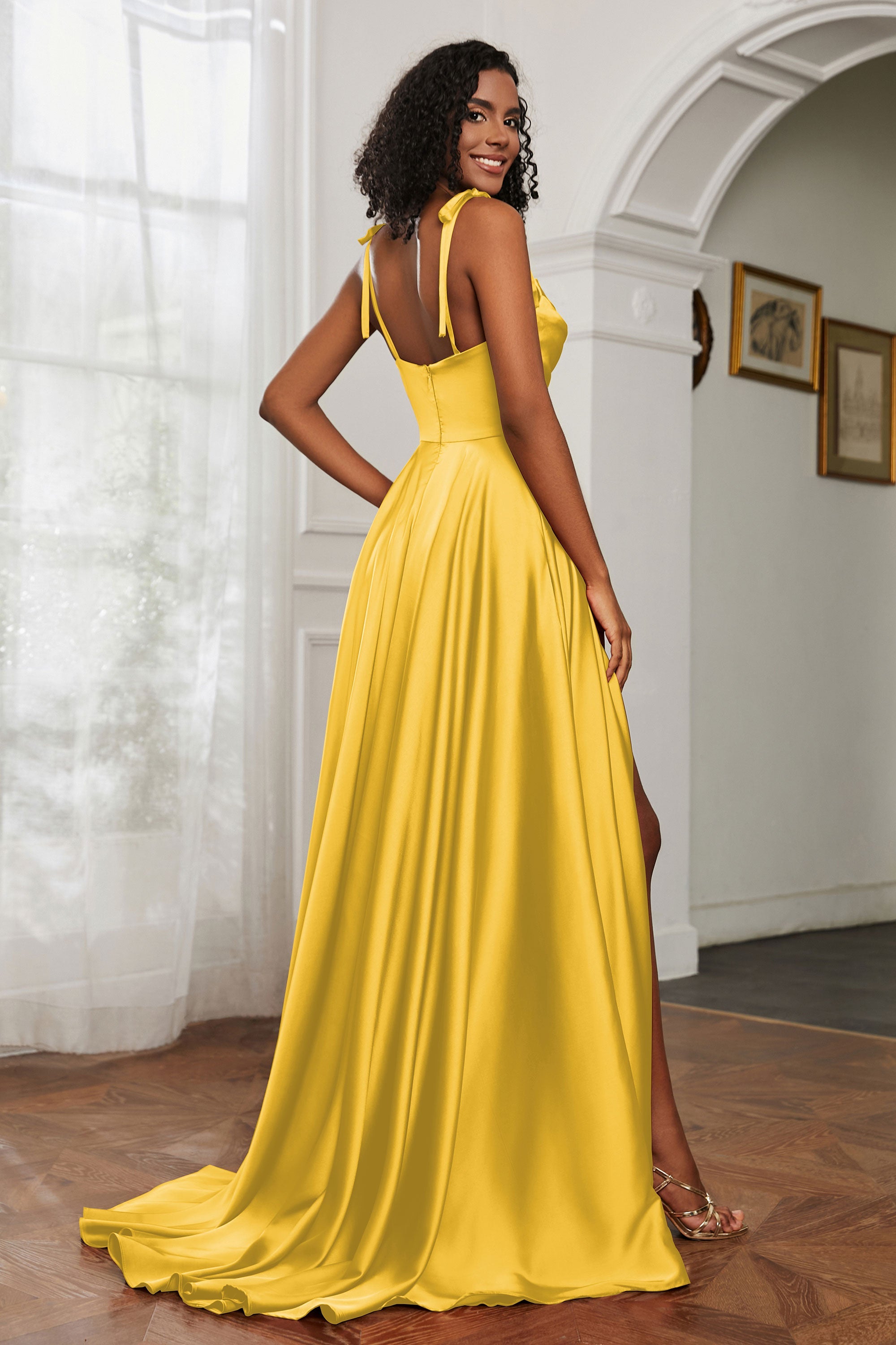 Stretch Satin Cowl Neck Formal Evening Dress Prom Gowns Bridesmaid Dresses with Slit