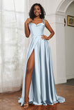 Stretch Satin Cowl Neck Formal Evening Dress Prom Gowns Bridesmaid Dresses with Slit