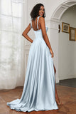 Stretch Satin Cowl Neck Formal Evening Dress Prom Gowns Bridesmaid Dresses with Slit