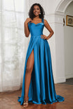 Stretch Satin Cowl Neck Formal Evening Dress Prom Gowns Bridesmaid Dresses with Slit