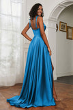 Stretch Satin Cowl Neck Formal Evening Dress Prom Gowns Bridesmaid Dresses with Slit