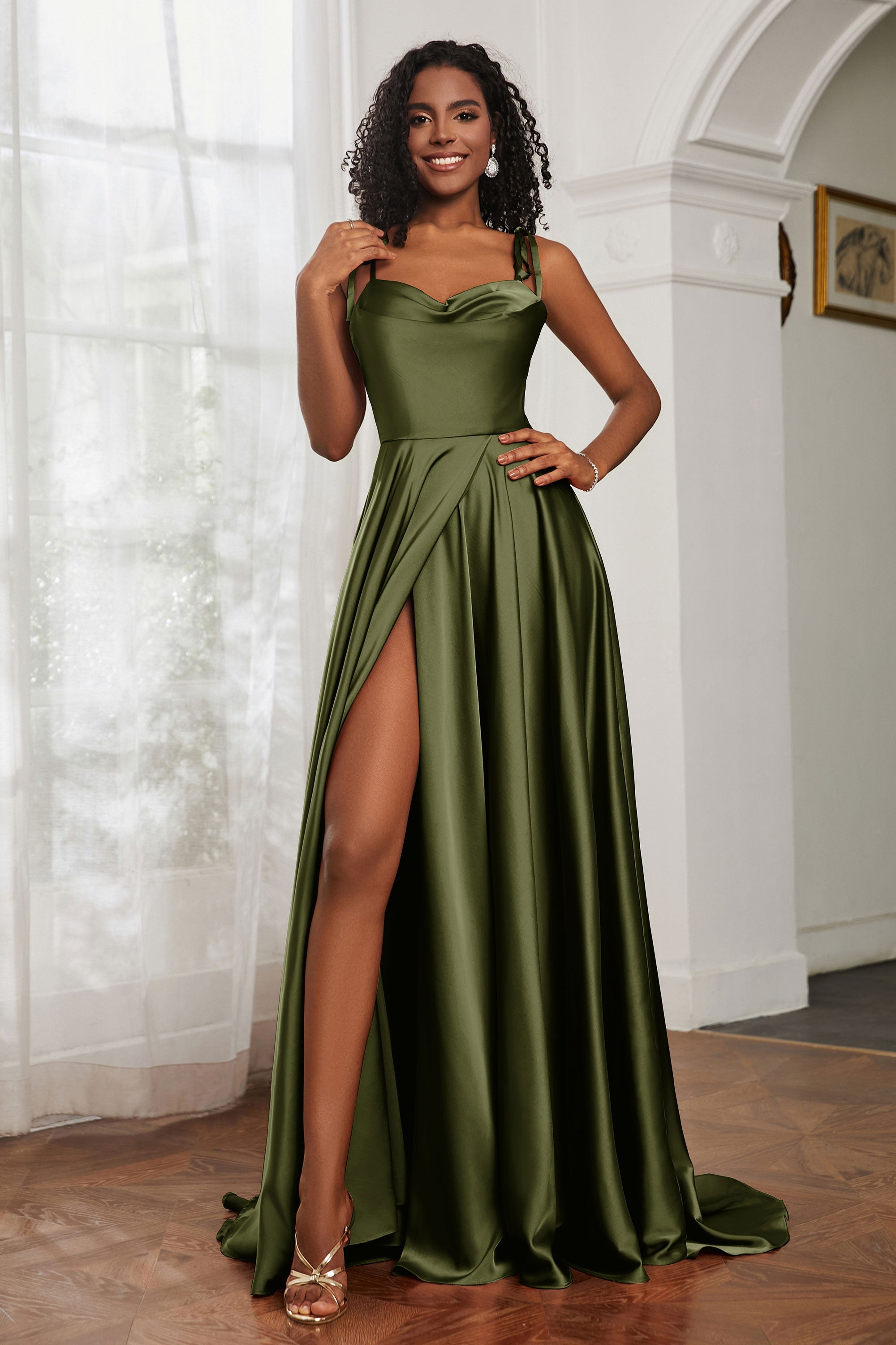 Stretch Satin Cowl Neck Formal Evening Dress Prom Gowns Bridesmaid Dresses with Slit