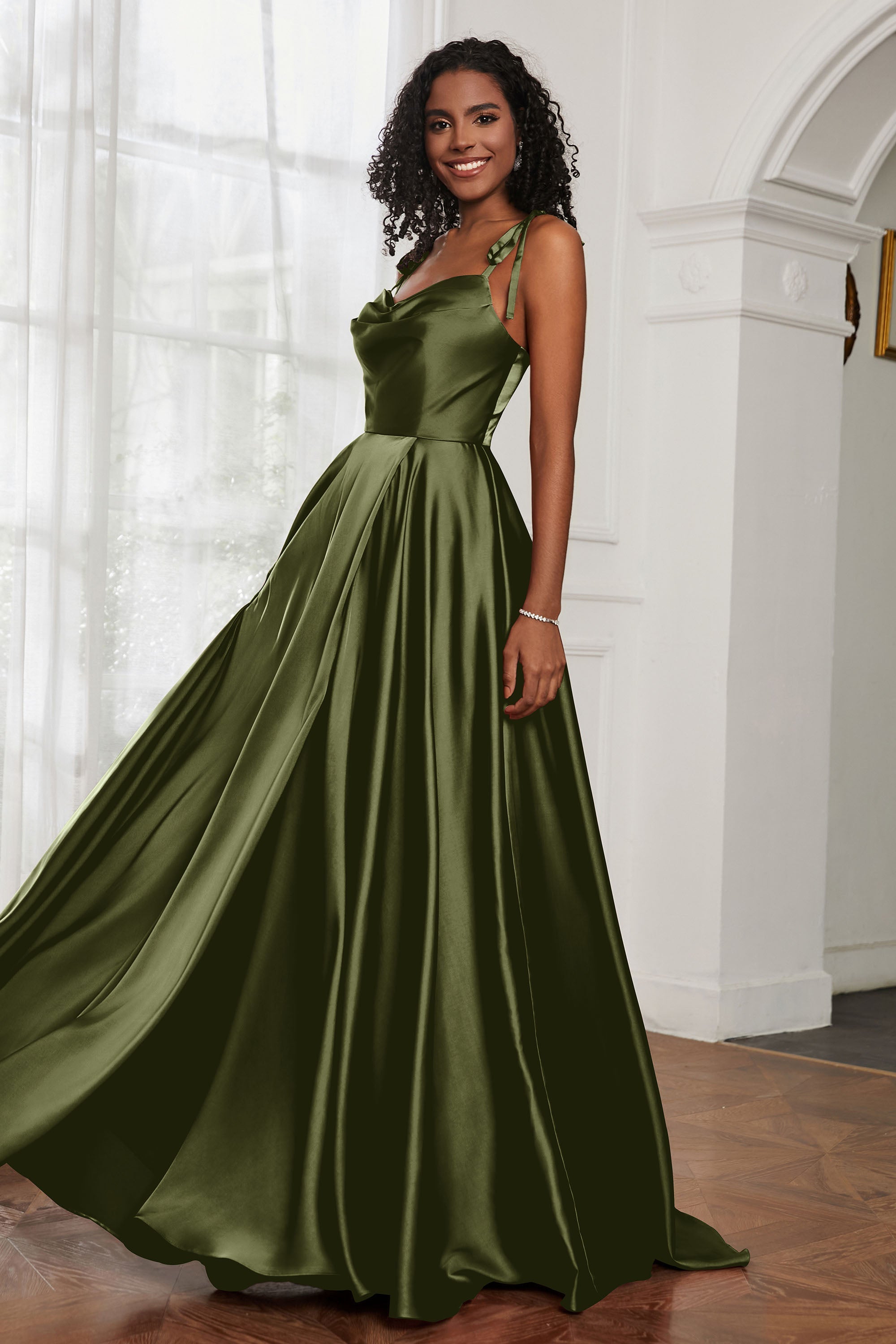 Stretch Satin Cowl Neck Formal Evening Dress Prom Gowns Bridesmaid Dresses with Slit