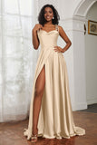 Stretch Satin Cowl Neck Formal Evening Dress Prom Gowns Bridesmaid Dresses with Slit