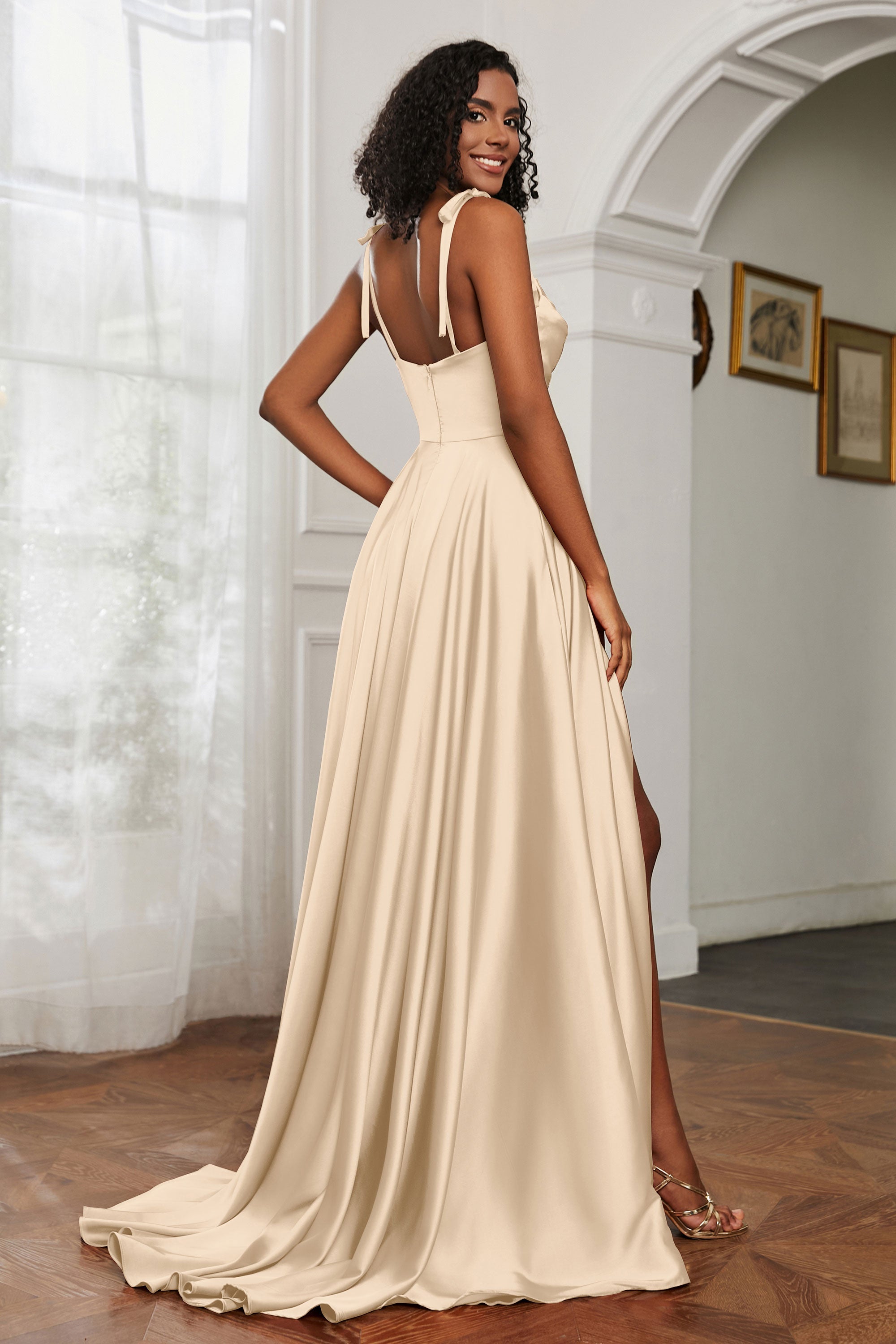 Stretch Satin Cowl Neck Formal Evening Dress Prom Gowns Bridesmaid Dresses with Slit
