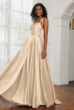 Stretch Satin Cowl Neck Formal Evening Dress Prom Gowns Bridesmaid Dresses with Slit