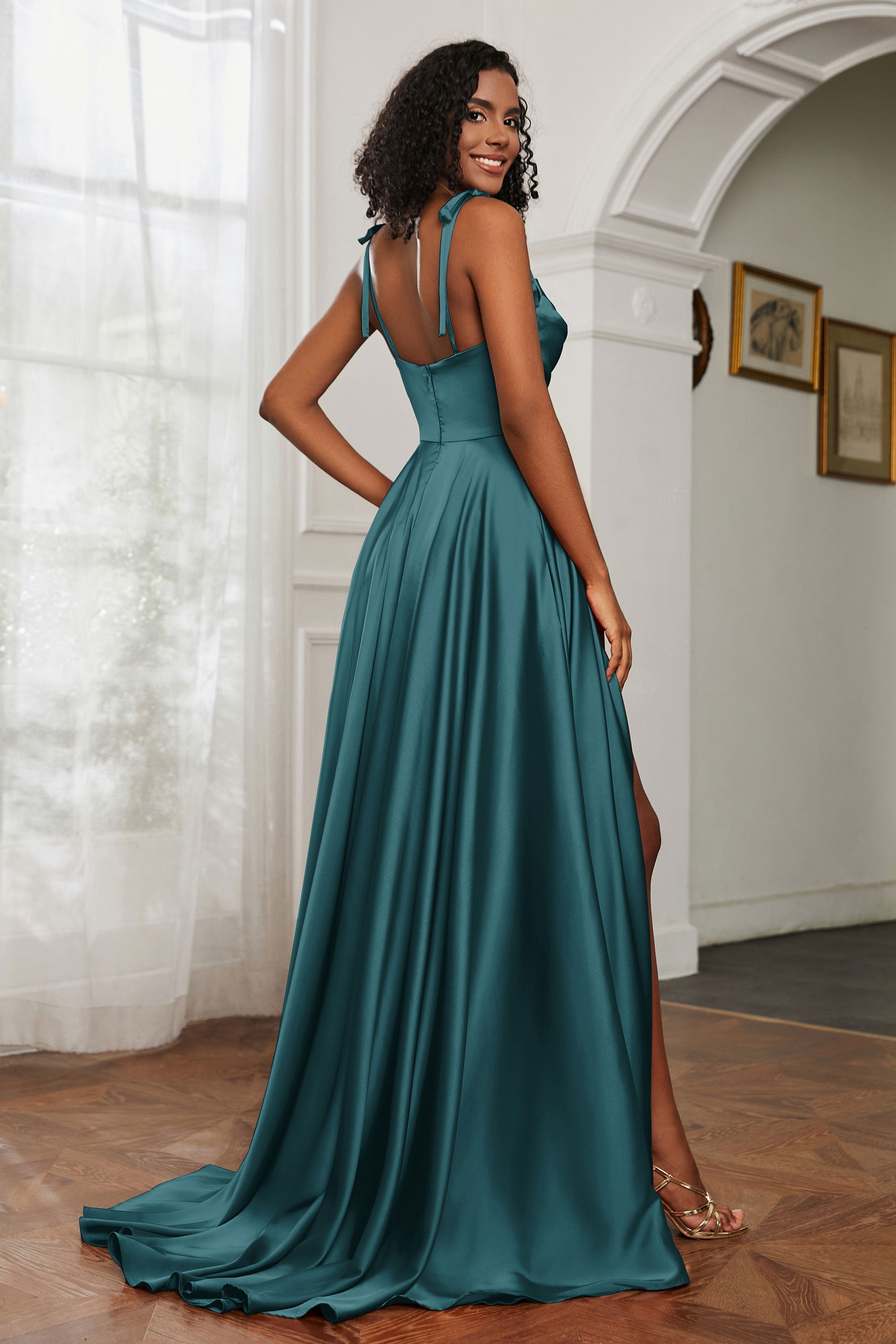 Stretch Satin Cowl Neck Formal Evening Dress Prom Gowns Bridesmaid Dresses with Slit
