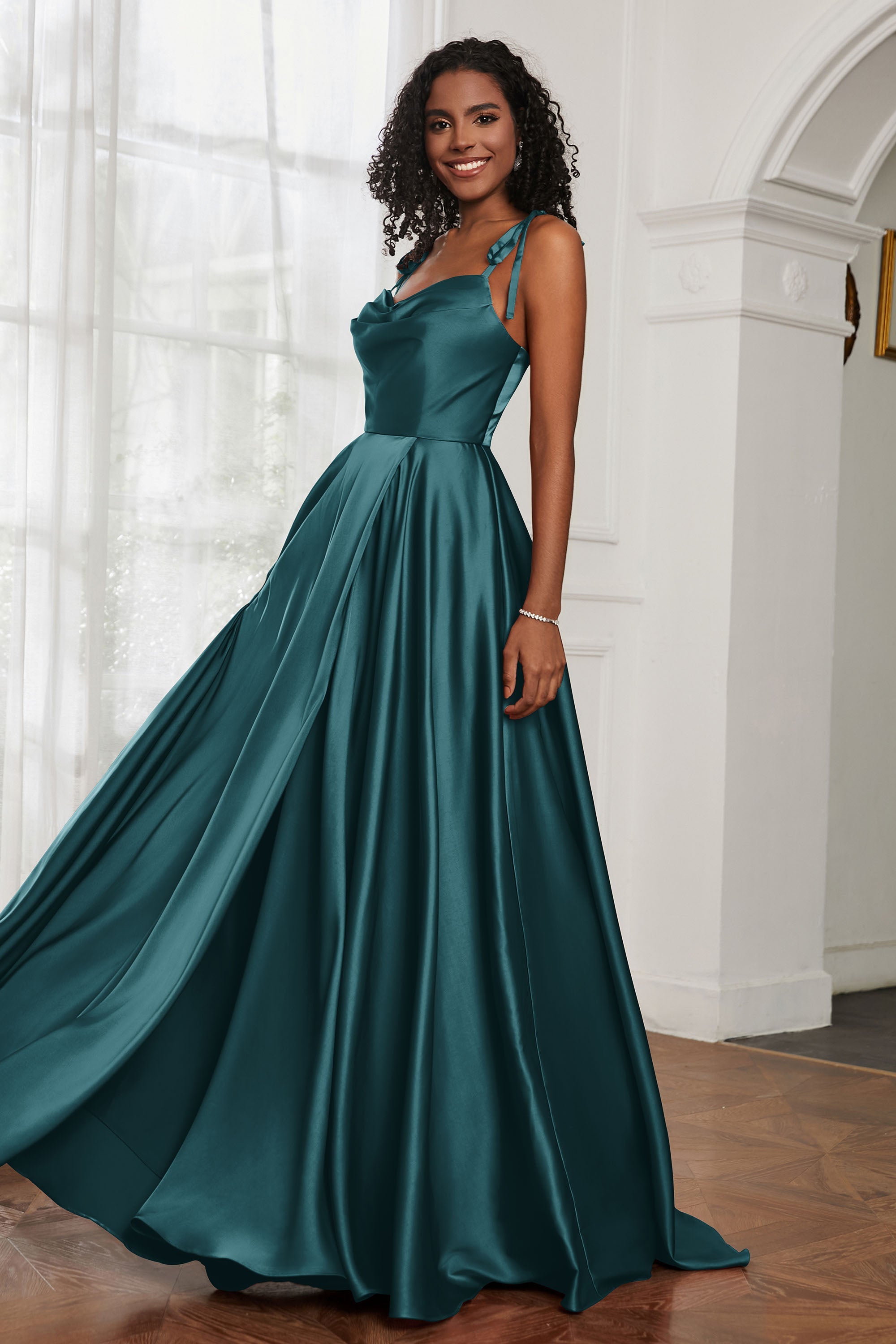 Stretch Satin Cowl Neck Formal Evening Dress Prom Gowns Bridesmaid Dresses with Slit