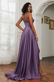 Stretch Satin Cowl Neck Formal Evening Dress Prom Gowns Bridesmaid Dresses with Slit