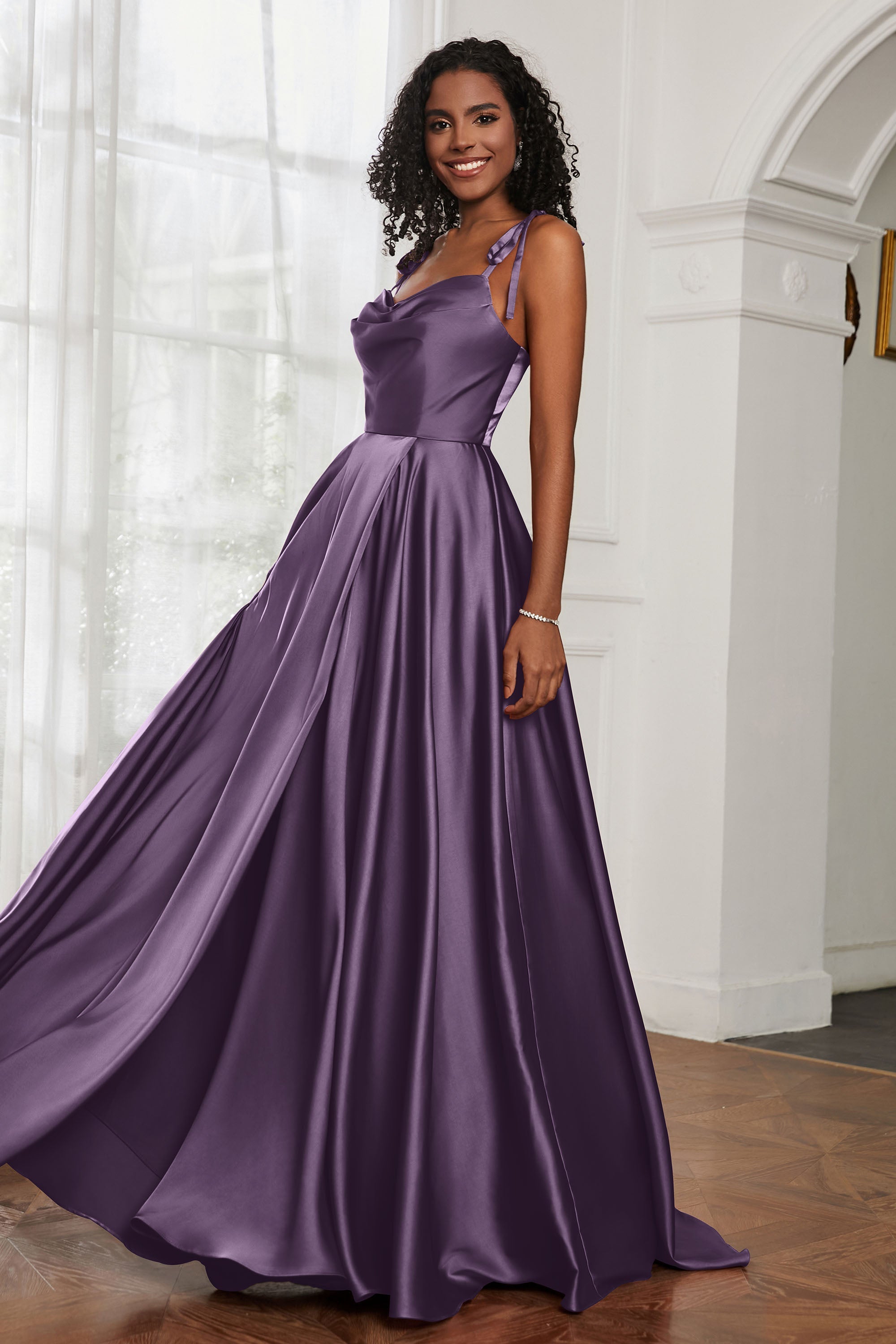Stretch Satin Cowl Neck Formal Evening Dress Prom Gowns Bridesmaid Dresses with Slit