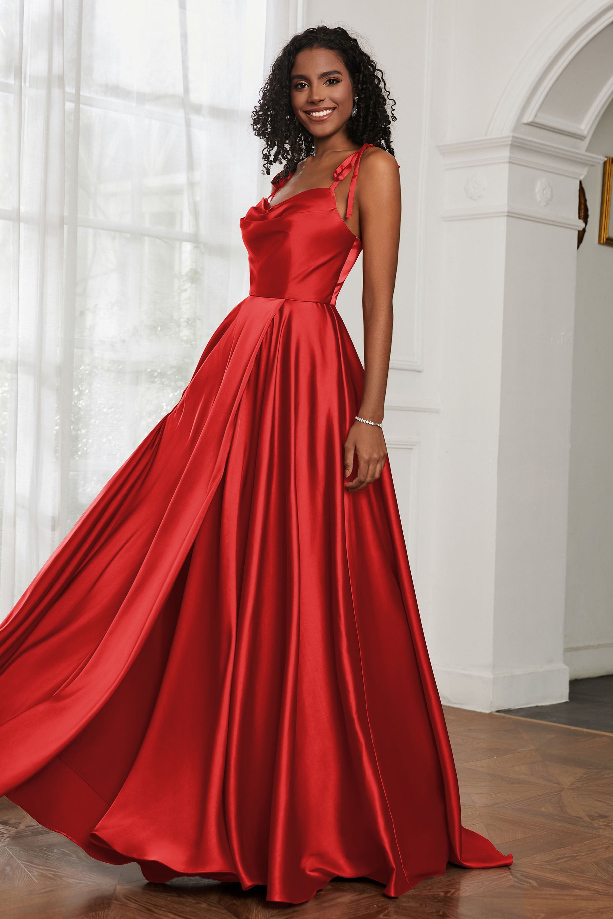 Stretch Satin Cowl Neck Formal Evening Dress Prom Gowns Bridesmaid Dresses with Slit