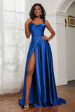 Stretch Satin Cowl Neck Formal Evening Dress Prom Gowns Bridesmaid Dresses with Slit
