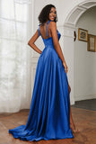 Stretch Satin Cowl Neck Formal Evening Dress Prom Gowns Bridesmaid Dresses with Slit