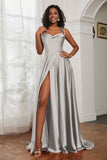 Stretch Satin Cowl Neck Formal Evening Dress Prom Gowns Bridesmaid Dresses with Slit