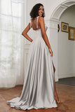 Stretch Satin Cowl Neck Formal Evening Dress Prom Gowns Bridesmaid Dresses with Slit