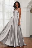 Stretch Satin Cowl Neck Formal Evening Dress Prom Gowns Bridesmaid Dresses with Slit