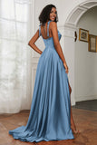 Stretch Satin Cowl Neck Formal Evening Dress Prom Gowns Bridesmaid Dresses with Slit