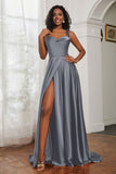 Stretch Satin Cowl Neck Formal Evening Dress Prom Gowns Bridesmaid Dresses with Slit