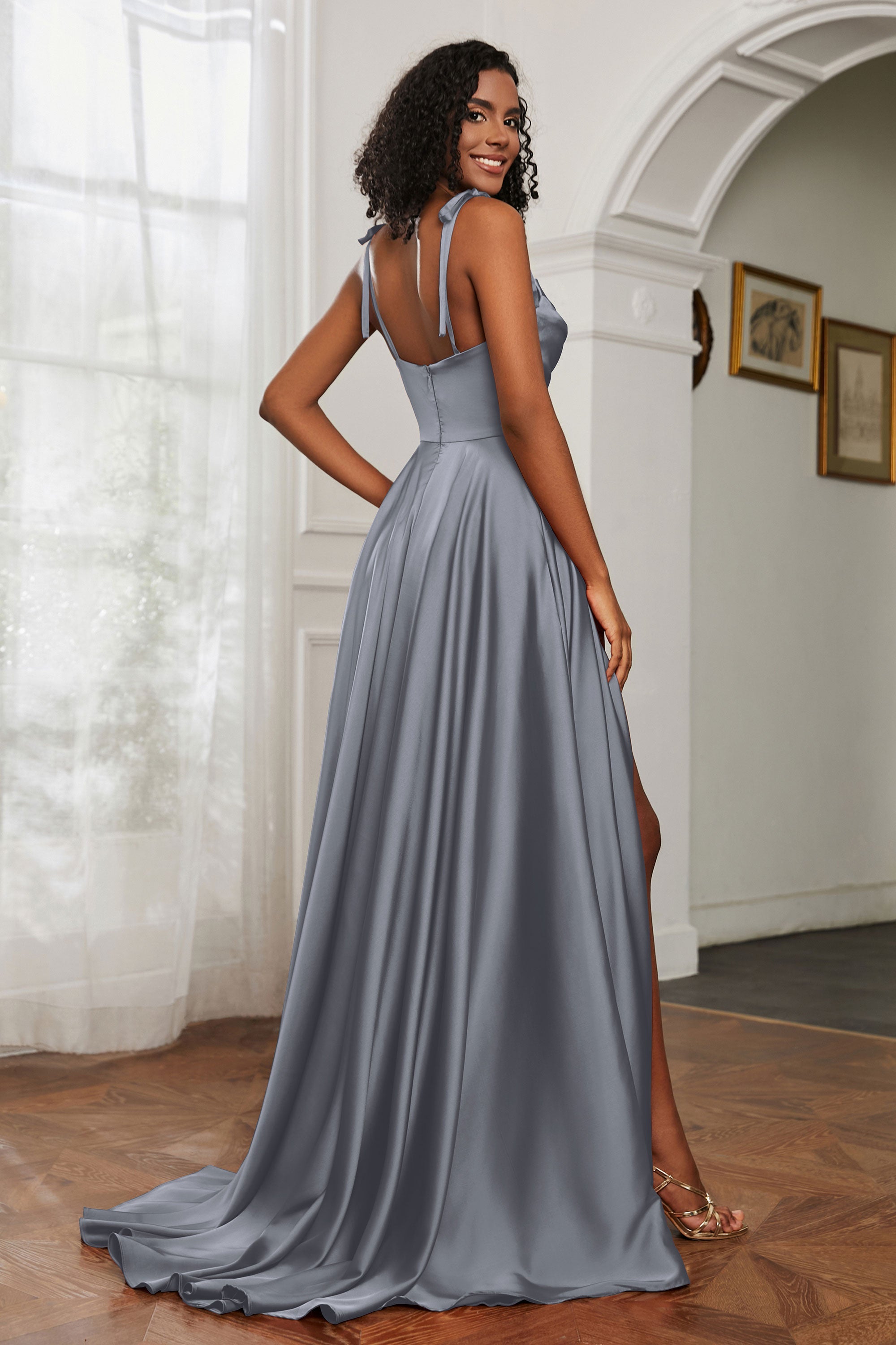 Stretch Satin Cowl Neck Formal Evening Dress Prom Gowns Bridesmaid Dresses with Slit